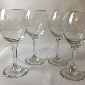 4 Libby for Arby's Vintage Winter Themed Stemmed Wine Glasses Gold Rimmed